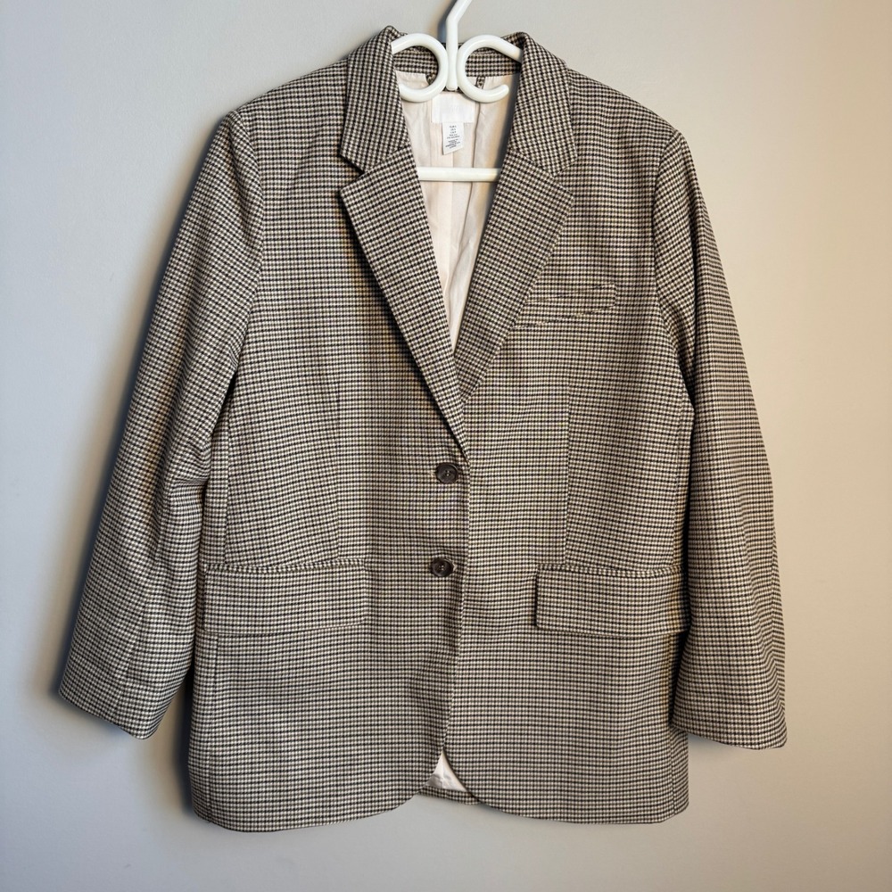 H&M Houndstooth Blazer Jacket Women's Size Small Beige/Tan Plaid‎ Faux Pockets